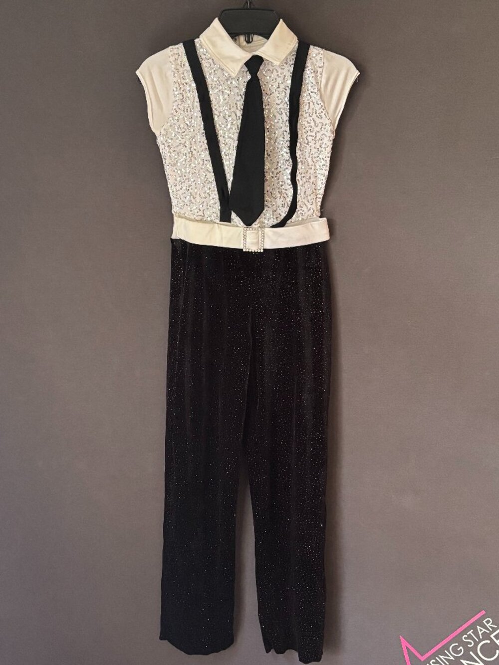 Weissman Black White Sequin Velvet Tuxedo Jumpsuit Necktie Dance Costume XLA